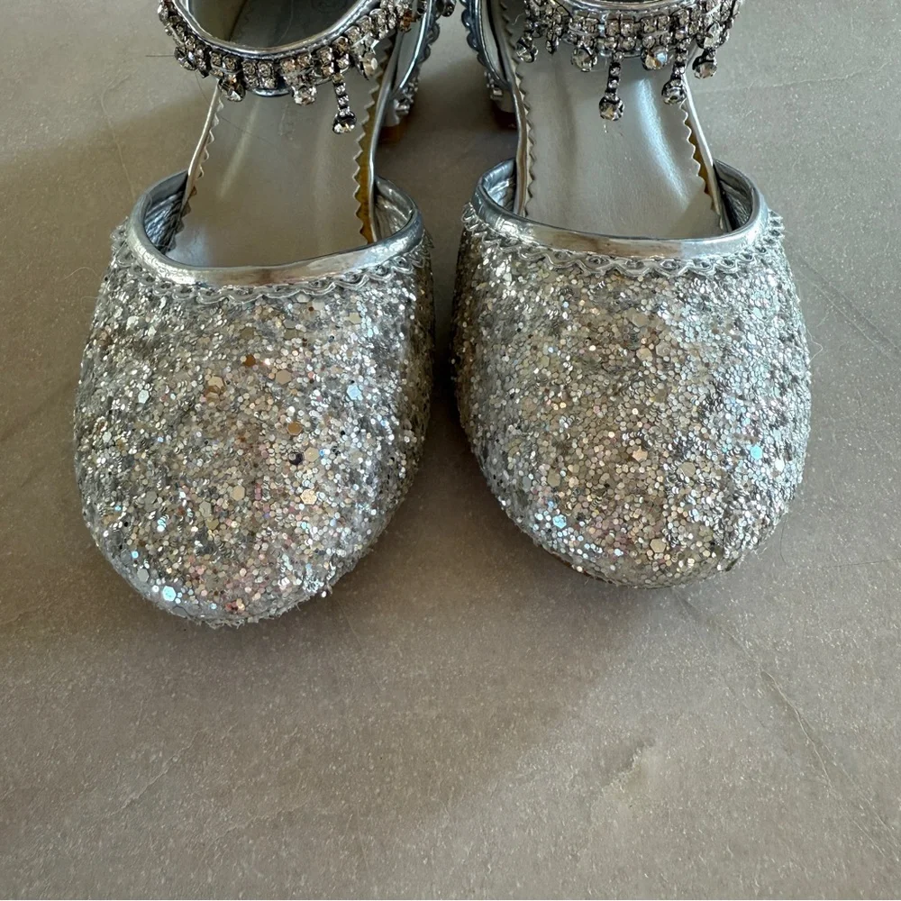 Trish Scully Miss Rodeo Silver Glitter Dress Shoes Girls Size 12 Jeweled Strap